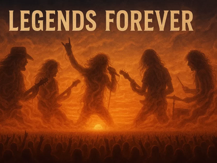 Legends Forever Title Illustration - Ghosts of rock legends fading into the sunset