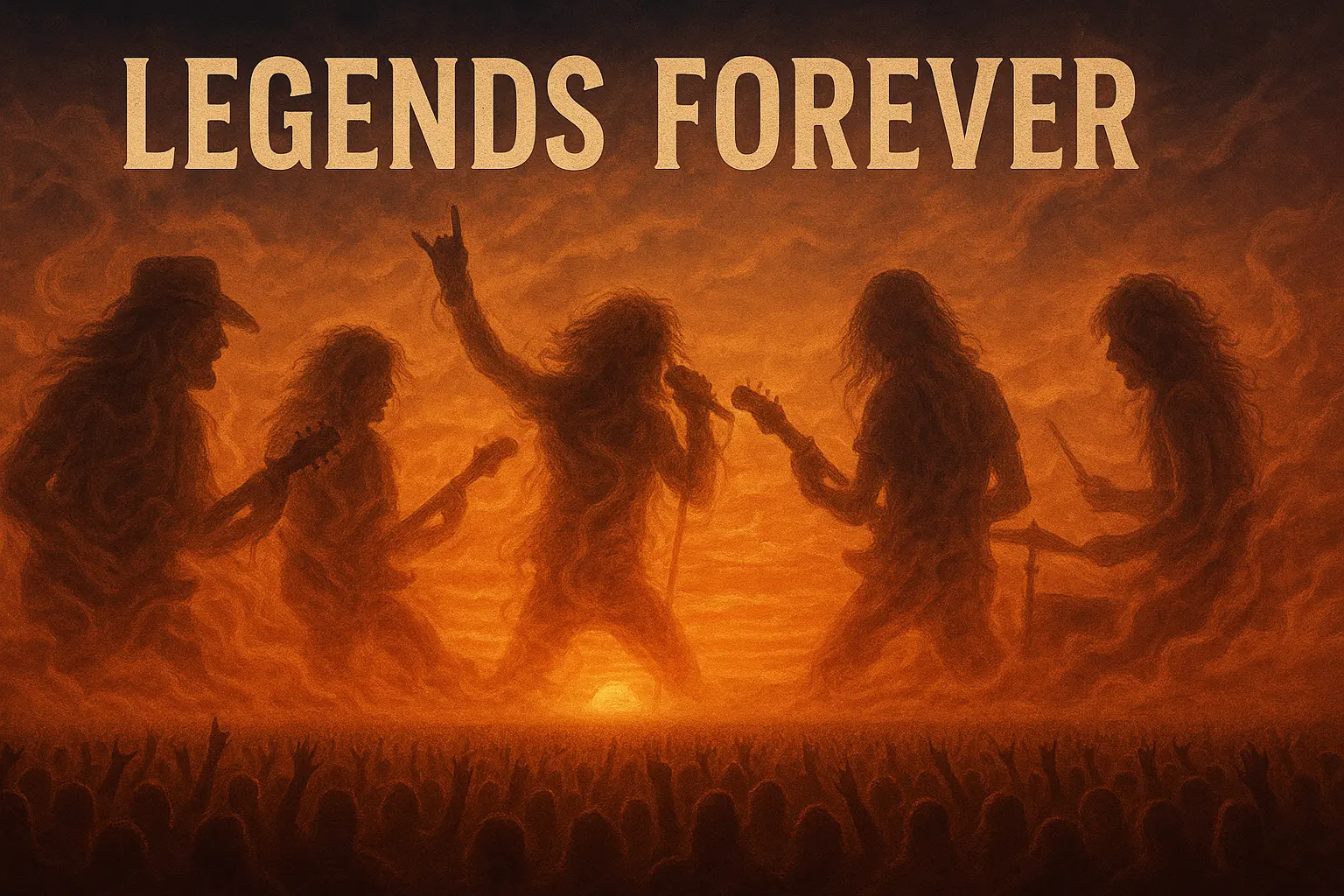 Legends Forever Title Illustration - Ghosts of rock legends fading into the sunset